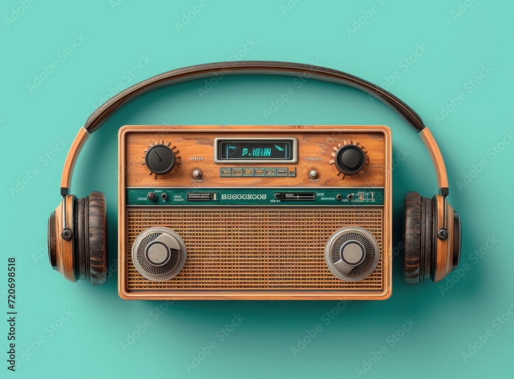 Retro radio with headphones on turquoise background. Retro radio with headphones on turquoise background.