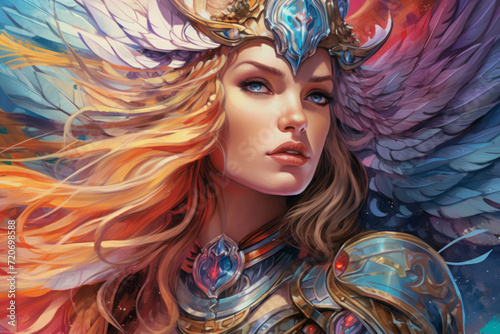 Valkyrie, a warrior maiden in armor and a helmet with wings. Norse mythology. Fantasy portrait. A colorful illustration. photo