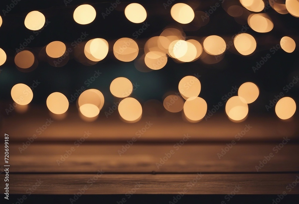 Empty Wood table top with decorative outdoor string lights hanging on tree in the garden at night ti Empty Wood table top with decorative outdoor string lights hanging on tree in the garden at night ti