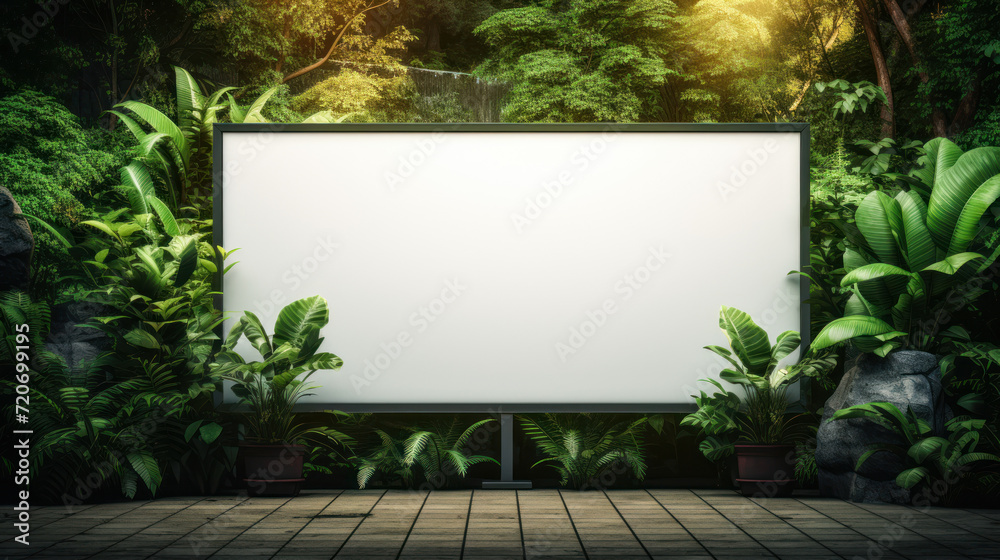 Blank billboard amidst lush greenery for eco-friendly advertising, sustainable marketing campaigns, and nature-inspired public messages - obrazy, fototapety, plakaty 