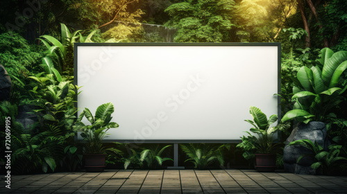 Blank billboard amidst lush greenery for eco-friendly advertising, sustainable marketing campaigns, and nature-inspired public messages photo