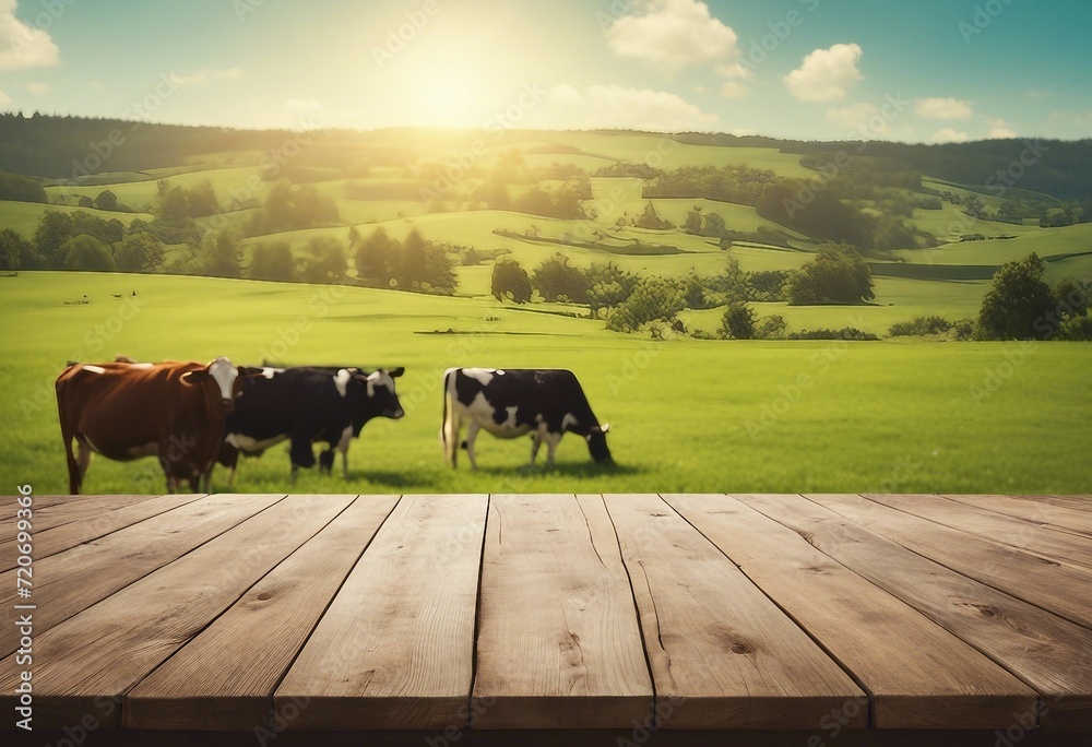 Empty wooden table top with meadow farm and cows on a grass green field during the summer morning li - obrazy, fototapety, plakaty 