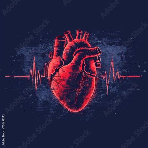Human heart and cardiogram on blue background. illustration. photo