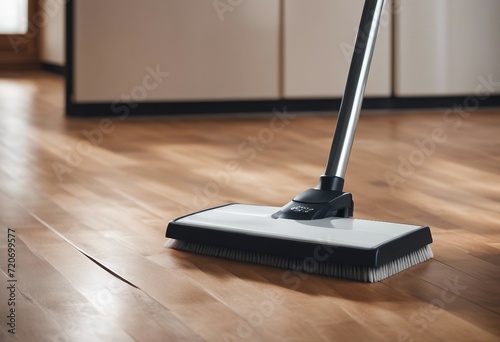 Floor cleaning with mob and cleanser foam Cleaning tools on parquet floor