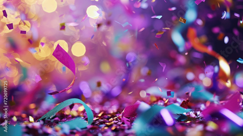 Festive explosion of colorful confetti in mid-air  with a blurred background enhancing the sense of movement and celebration.
