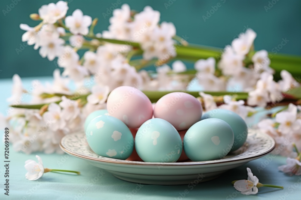 colorful pastel painted easter eggs on plate and flowers. festive serving. colorful pastel painted easter eggs on plate and flowers. festive serving.