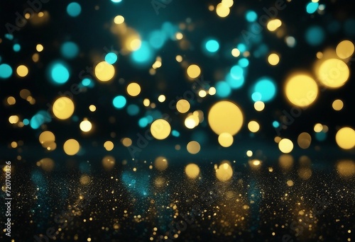 Glitter vintage lights background gold blue and black de-focused blurred yellow and cyan glow sparks