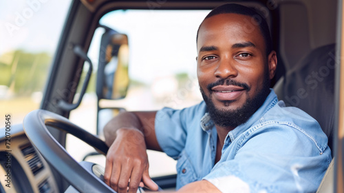 Confident man with a beard smiling at the camera while sitting in the driver's seat of a vehicle, with his hands on the steering wheel.