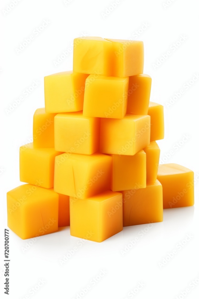 mango cubes on a white background. a stack of pieces of ripe tropical fruit.