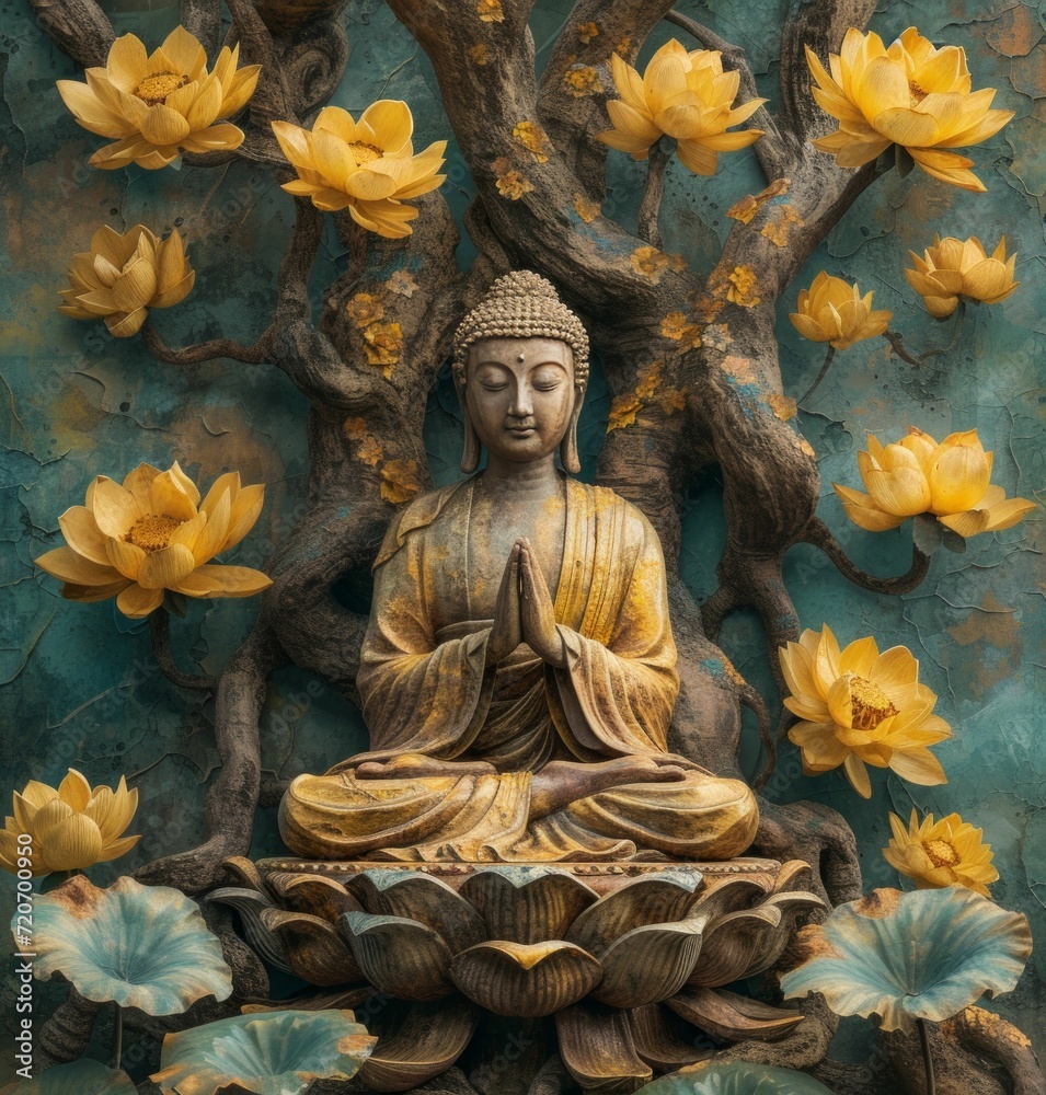 newbuddhaism art print buddha in tree with yellow lotus flower, in the style of intricately detailed patterns