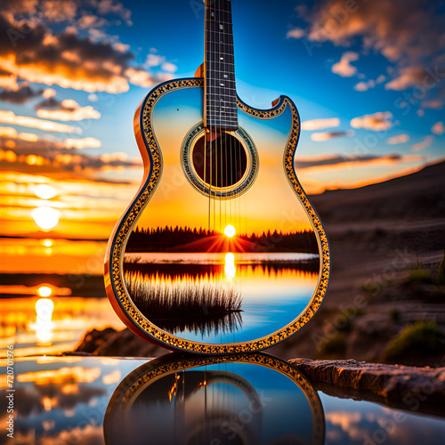 sound of silence inside a glass guitare a meshmering lakescape, shooted with double exposure sunset