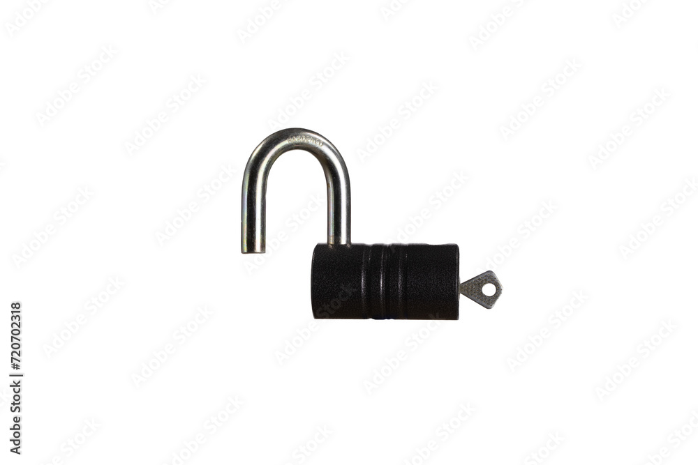 Cylindrical padlock with key and open shackle. Cylindrical padlock with key and open shackle.