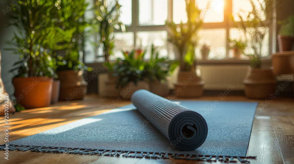 Yoga Mat on Wooden Floor With Potted Plants in Background Yoga Mat on Wooden Floor With Potted Plants in Background