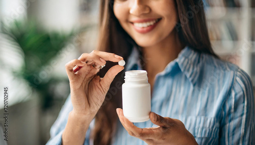 woman's hands delicately extracting a pill from a bottle, reflecting health and wellness choices