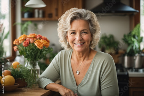 portrait of senior woman with flowers #720703575