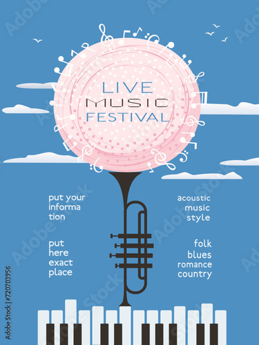 Live Music Festival minimal design vector poster. Piano, trumpet silhouette, blooming tree cartoon illustration. Musical show advertisement template. Spring live sound concert flyer, banner background