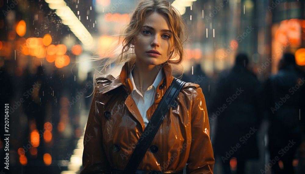 Young woman in winter fashion, confidently looking at camera outdoors generated by AI