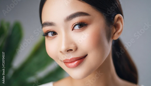 Korean asian woman with double eyelids showcases flawless, bright white skin in a captivating stock photo for skincare advertisements