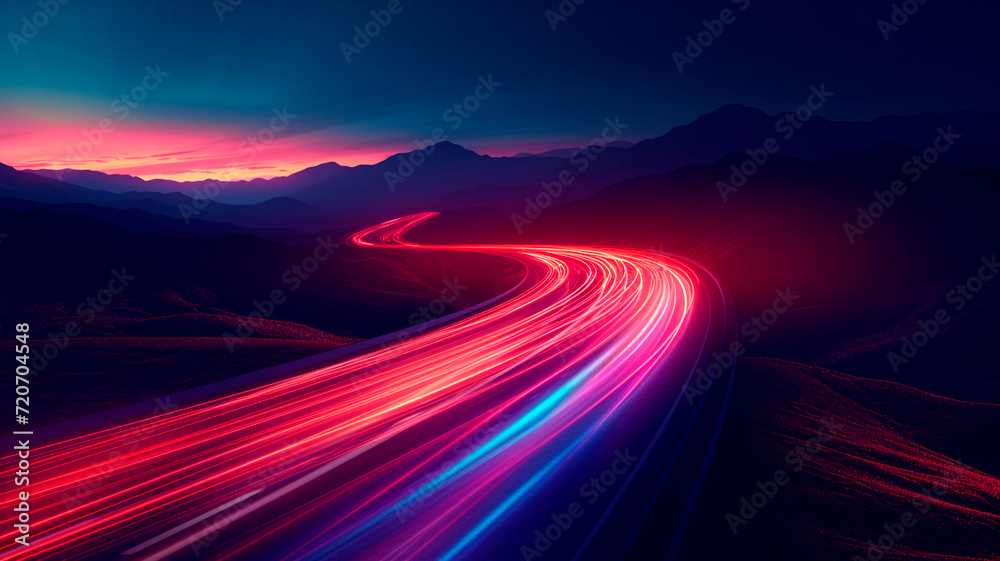 A turn of the night highway among the mountains and hills. long exposure photo turns the light from the cars off the line. dinomic and colorful scene. Generative AI