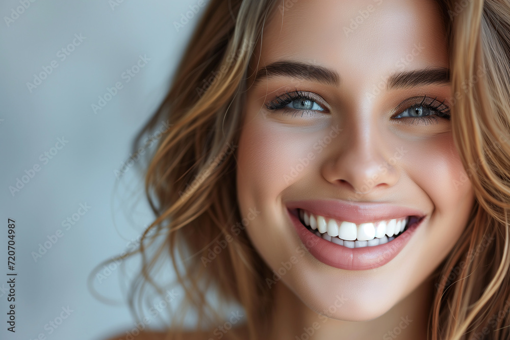 Beautiful female smile after teeth whitening procedure. Dental care. Dentistry concept. girl woman smiling white teeth. Beautiful wide smile of healthy woman, white teeth close up, dentist tooth white - obrazy, fototapety, plakaty 