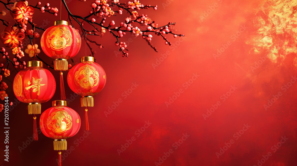 Beautiful red Chinese lanterns adorned with gold designs and plum blossoms against a red and gold textured backdrop, symbolizing prosperity and spring. Beautiful red Chinese lanterns adorned with gold designs and plum blossoms against a red and gold textured backdrop, symbolizing prosperity and spring.