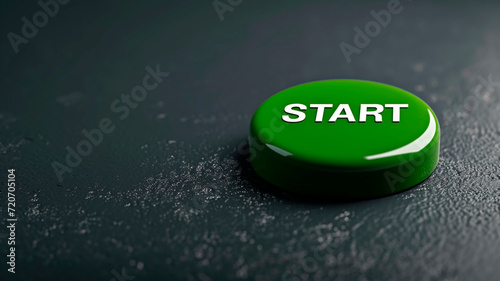 A large green button with the word "start" written on it, close-up on a black background. illustration of decision-making about the start of action. Generative AI