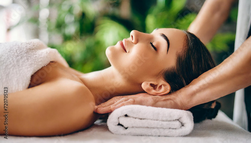 woman, eyes closed, receives massage from masseur's hands on her bare back, embodying relaxation and self-care
