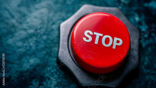 A large red button with the word "Stop" written on it, close-up on a black background. illustration of decision-making to stop an action. Generative AI