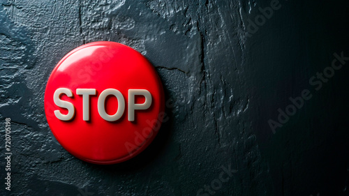 A large red button with the word "Stop" written on it, close-up on a black background. illustration of decision-making to stop an action. Generative AI