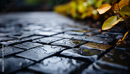 Vibrant autumn leaves create a colorful pattern on wet sidewalk generated by AI photo