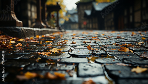 Abandoned brick building  wet autumn leaves  vibrant nature  old architecture generated by AI