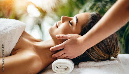 woman, eyes closed, receives massage from masseur's hands on her bare back, embodying relaxation and self-care