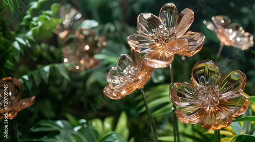 An arrangement of warm crystal flowers against a backdrop of lush greenery, blending nature with the elegance of crystal artistry