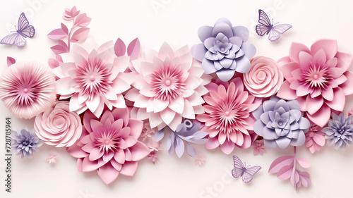 3d render  horizontal floral pattern. Abstract cut paper flowers isolated on white  botanical background. Rose  daisy  dahlia  butterfly  leaves in pastel colors. Modern decorative handmade design