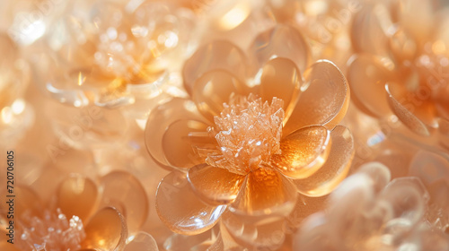 A macro image of intricate warm crystal flowers, showcasing the fine details and craftsmanship of each delicate petal