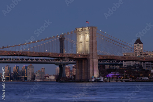 Brooklyn Bridge illuminated with new lights shining on towers 
