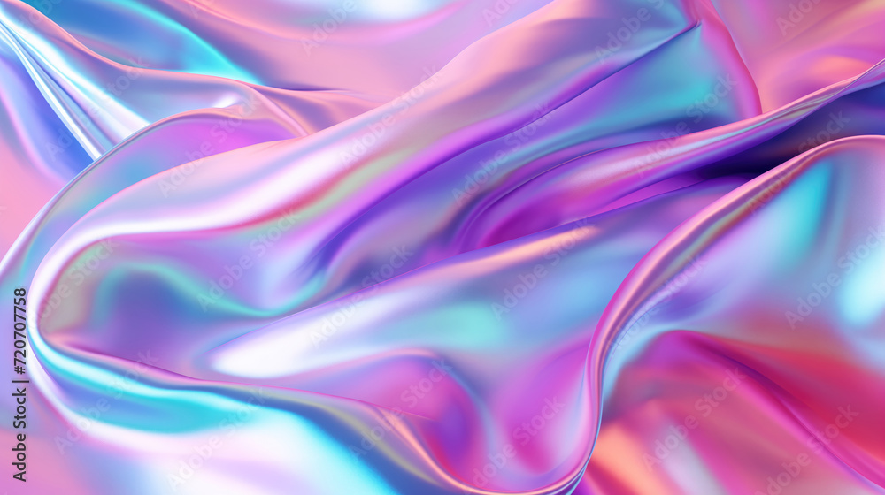 Obraz premium A luxurious close-up of flowing silk fabric with an iridescent finish, featuring a blend of pastel pink and blue tones.