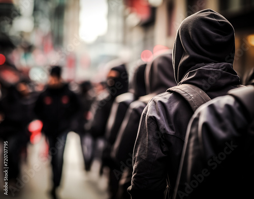 Group of hooded youth gathering at a street protest photo