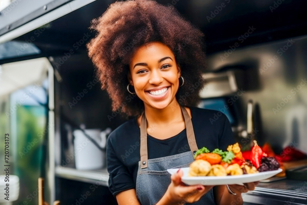 young African American woman chef serving takeaway food in food truck