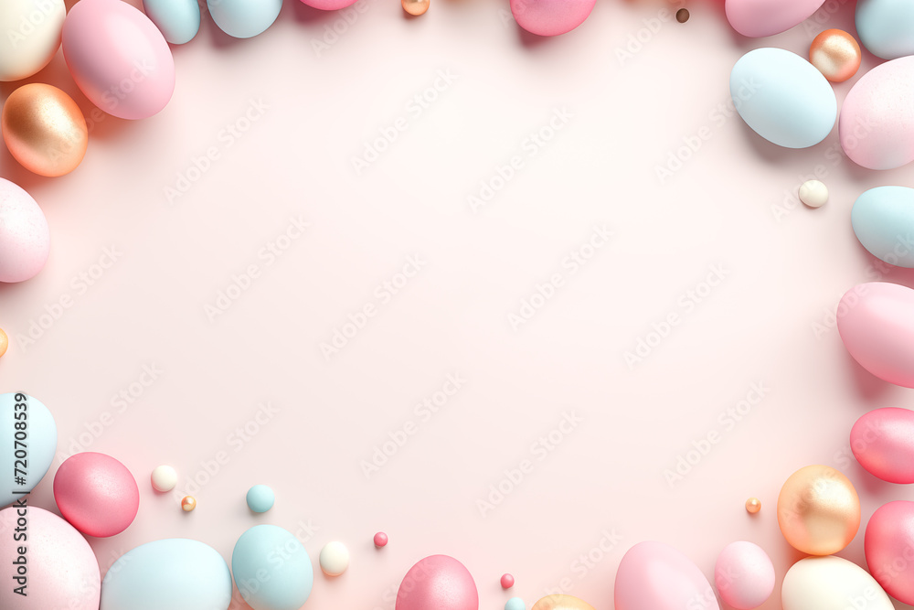 Easter frame backgrouns with copy space for text. Decorated with colorful eggs and spring flowers.3D render-style inspiration. Easter template, mockup