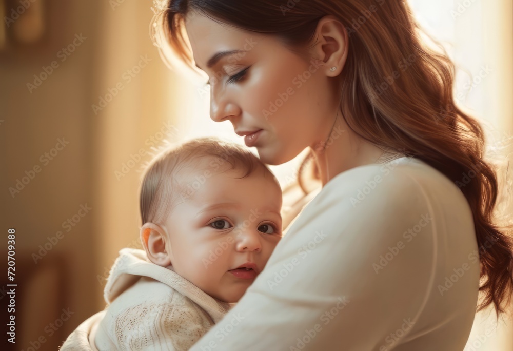 Loving mom carying of her newborn baby at home. Bright portrait of happy mum holding sleeping infant child on hands. Mother hugging her little 2 months old son.