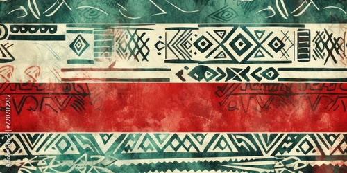 Crimson, ivory, and jade seamless African pattern, tribal motifs grunge texture on textile background