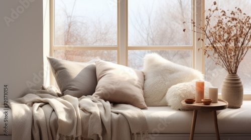 a home interior, featuring a house room adorned with a blanket draped over a window, with carefully curated pillow decor inviting indoor rest and comfort.