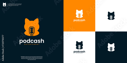podcast logo and cat doll combination design vector