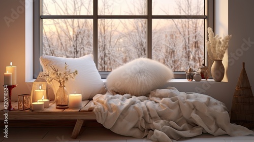 a home interior, featuring a house room adorned with a blanket draped over a window, with carefully curated pillow decor inviting indoor rest and comfort.
