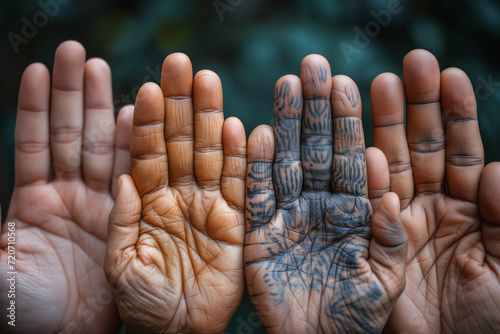 Hands of different ages and nationalities gather together photo
