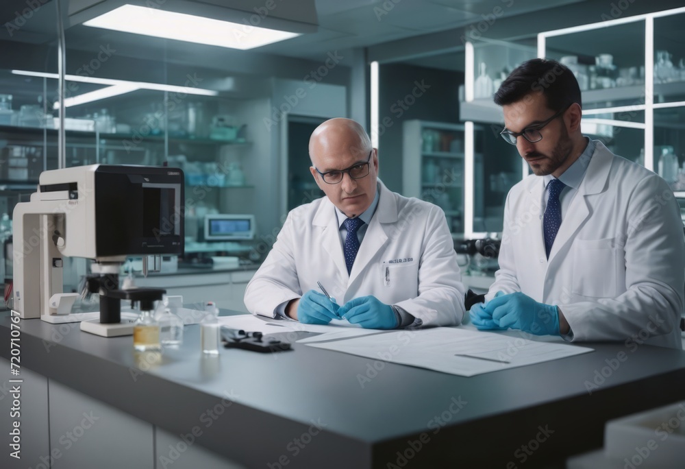 Side view of crop anonymous male medic in uniform and mask using microscope while working in lab near woman colleague Side view of crop anonymous male medic in uniform and mask using microscope while working in lab near woman colleague