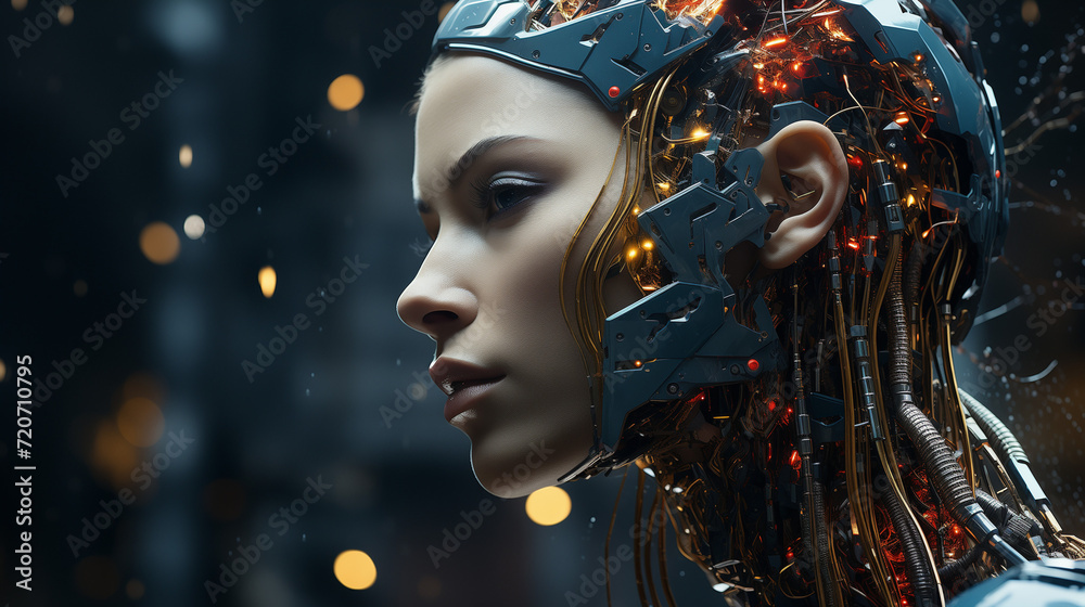 a woman wearing a robotic head and headlights a woman wearing a robotic head and headlights