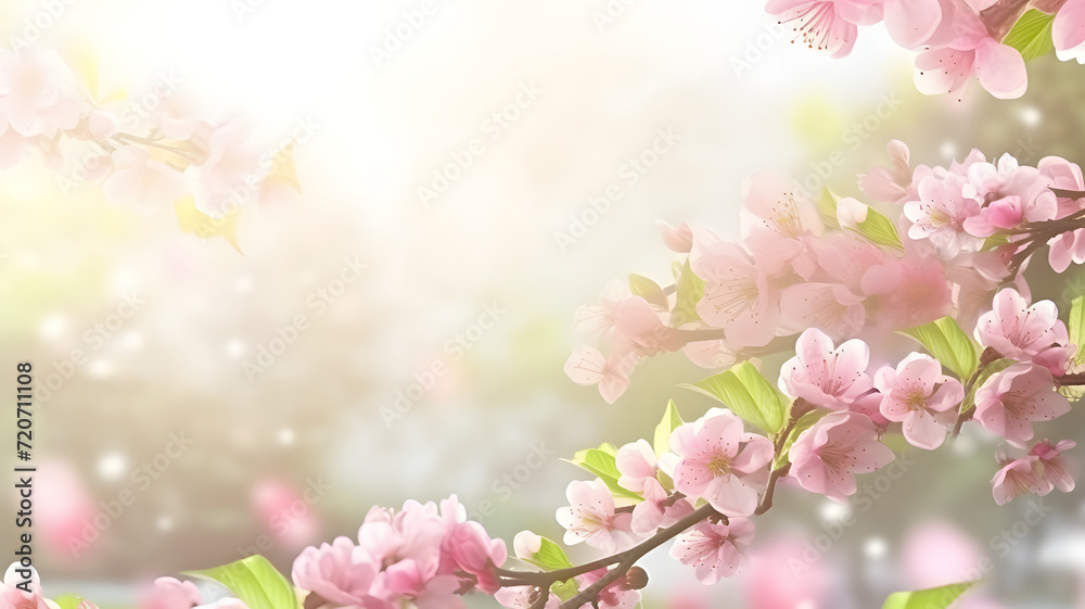 Spring banner, branches of blossoming tree, blurred background