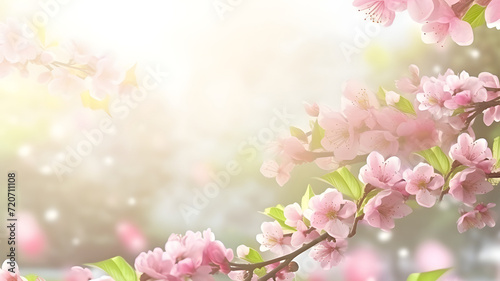 Spring banner, branches of blossoming tree, blurred background